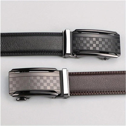Brown leather belt with anti-scratch rectangular buckle, side view