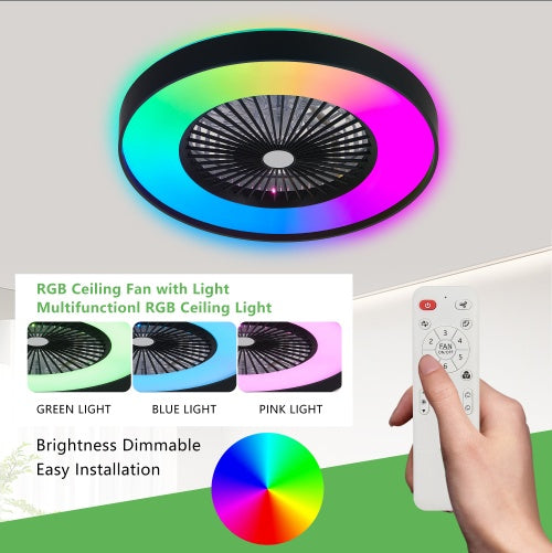 23" Smart Black Ceiling Fan - RGB LED Dimmable with Remote Control