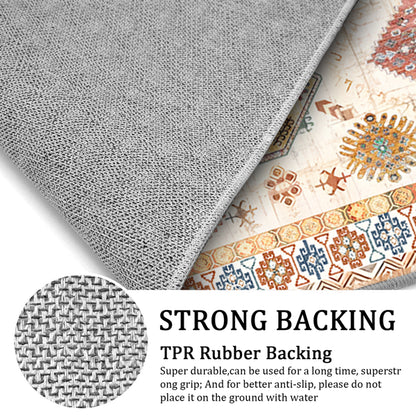 Kitchen rug close-up: gray textured backing edge with blue and red patterned surface