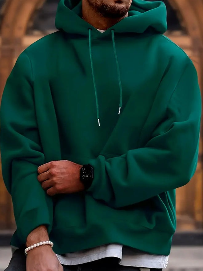 Green pullover hoodie with long sleeves, drawstring hood, and kangaroo front pocket