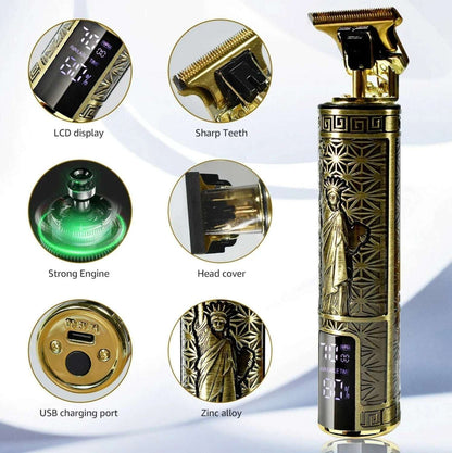 Gold cordless hair clipper with head cover, sharp teeth, LCD display and zinc alloy body