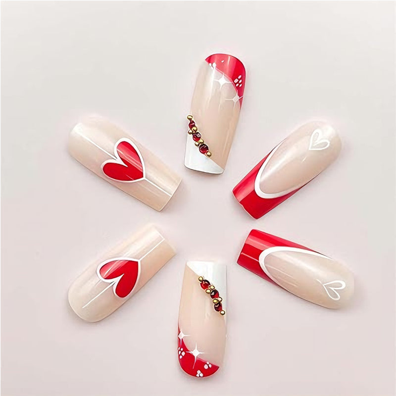 24Pcs Red & White Heart Nails 24 PCS Red And White Heart Nail Art, Lon | Ectron Online