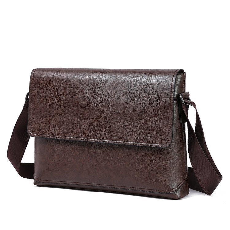 Men's PU leather briefcase shoulder bag, dark brown front flap and side strap