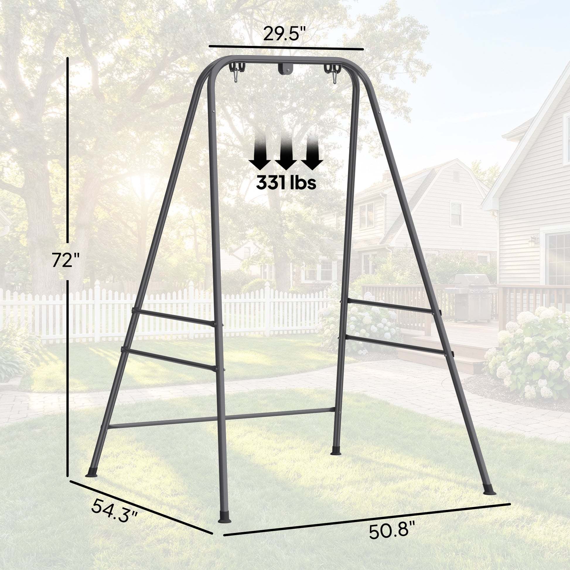 Gray hammock chair stand frame with dimensions shown, including heavy-duty support legs