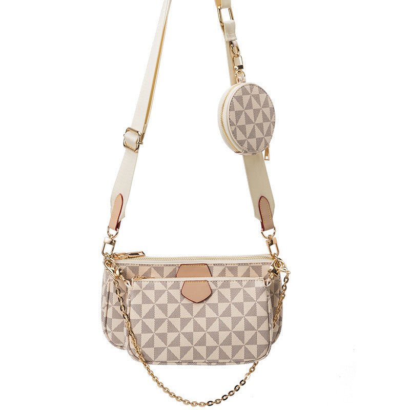 White geometric crossbody bag with chain strap and round zip pocket