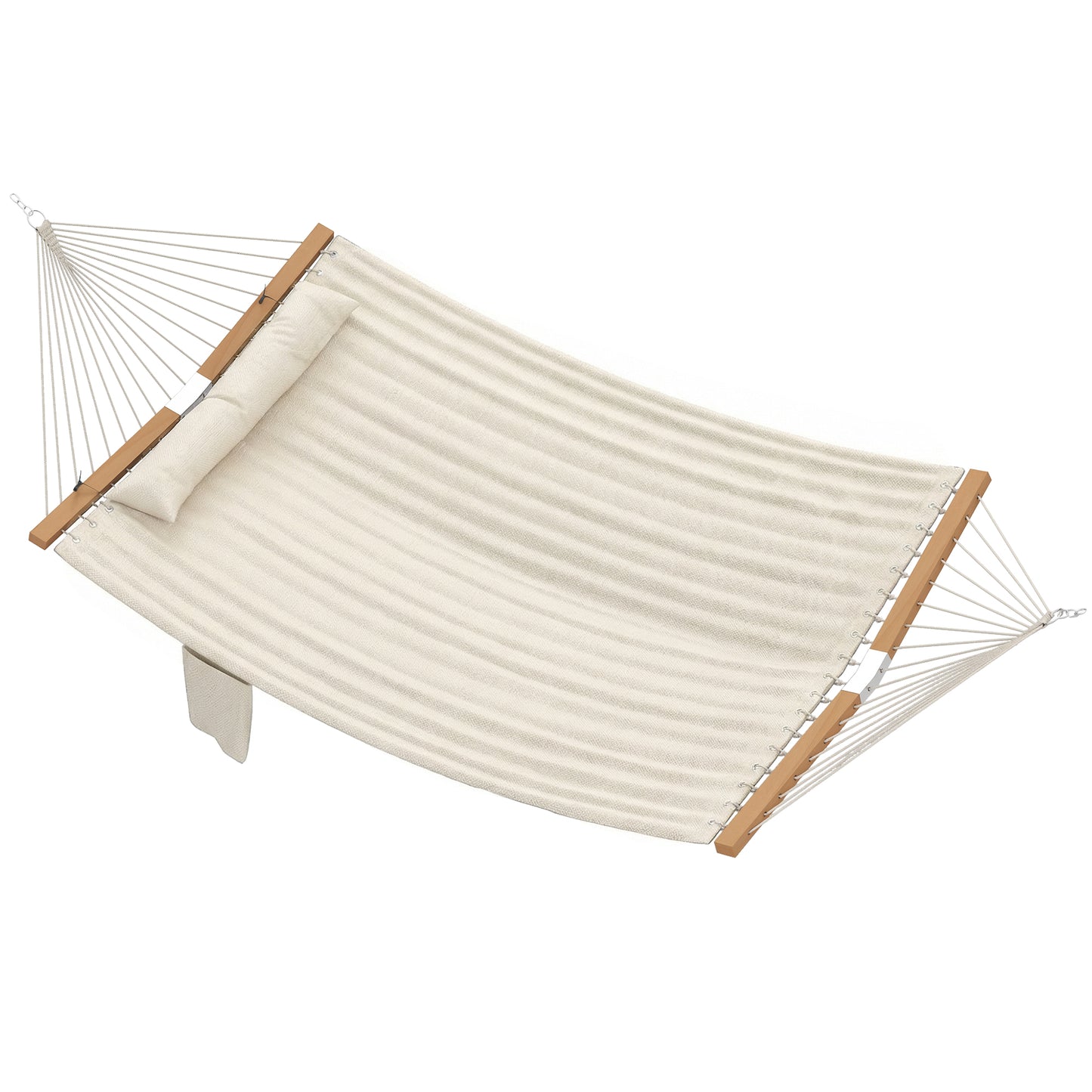 Cream two-person hammock with wooden spreader bars and suspension ropes