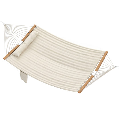 Cream two-person hammock with wooden spreader bars and suspension ropes