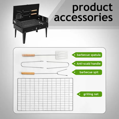 Black portable square charcoal grill kit with cooking grate and included grilling tools
