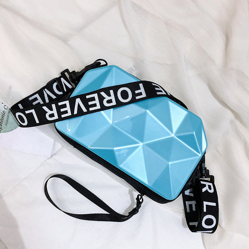 Geometric cosmetic bag, light blue, with zip closure and black strap