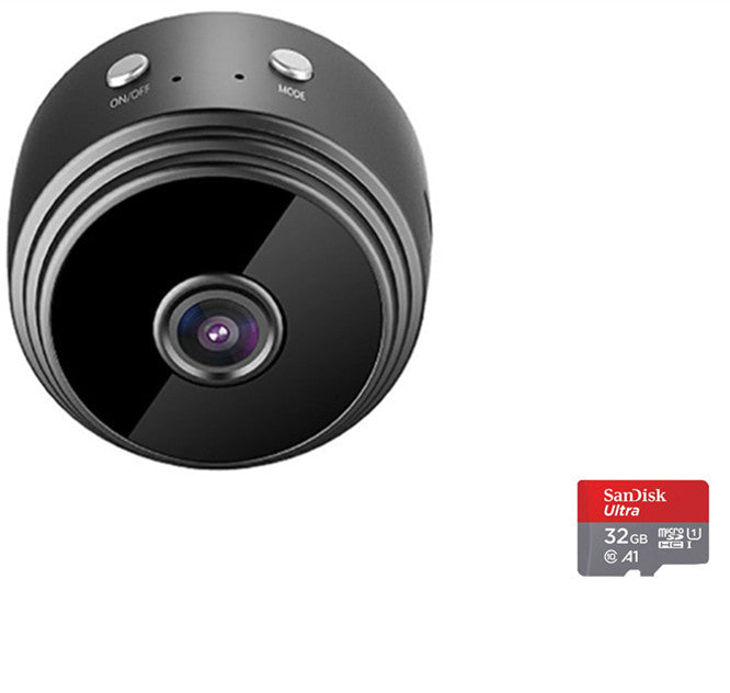 Black wireless security camera with front lens and SanDisk Ultra 32GB memory card