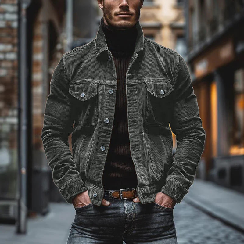 Men's Corduroy Striped Lapel Jacket Men's Pocket Corduroy Long Sleeve Stripe | Ectron Online