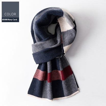 Plaid scarf with navy, gray, and red colors on a white background