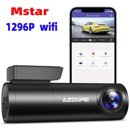 AZDOME car dashboard camera with smartphone displaying camera feed on a white background