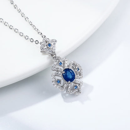 S925 Silver Retro Pattern Necklace Women's Versatile Natural Sapphire Pendant