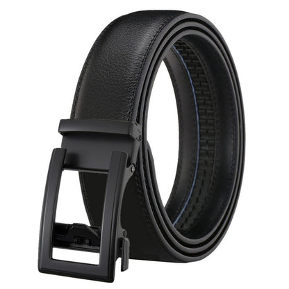 Men's Leather Belt Automatic Buckle Two-layer Cowhide Hollow in black with sleek design and automatic buckle.