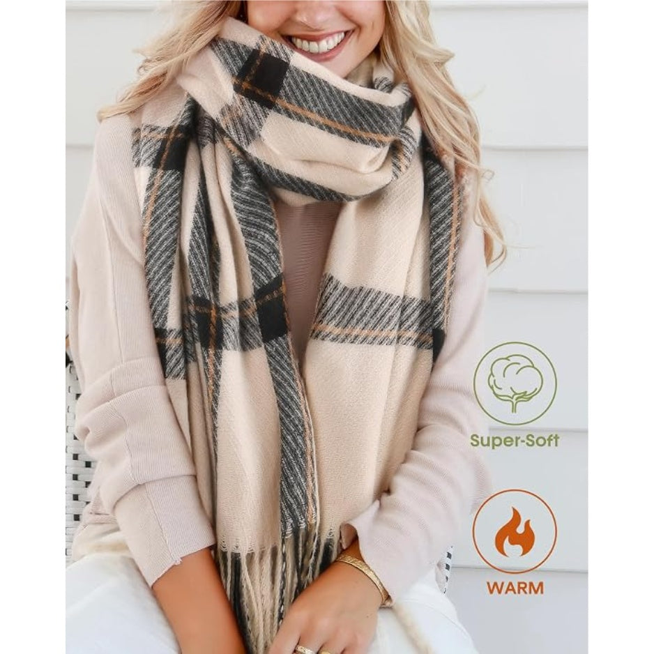 Womens plaid shawl scarf wrap in white and dark gray with long fringe tassels