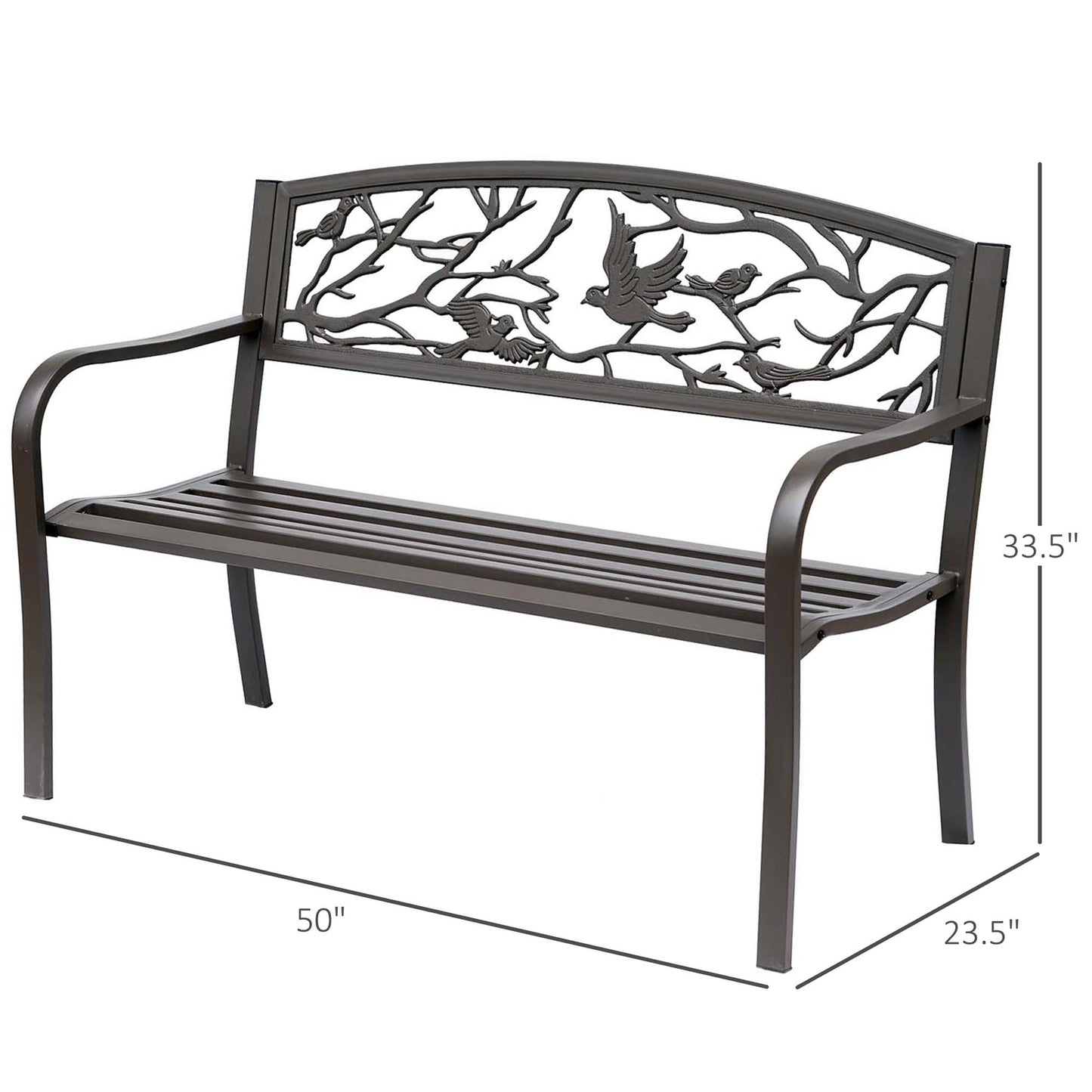 Brown metal garden bench with slatted seat and arched bird backrest panel