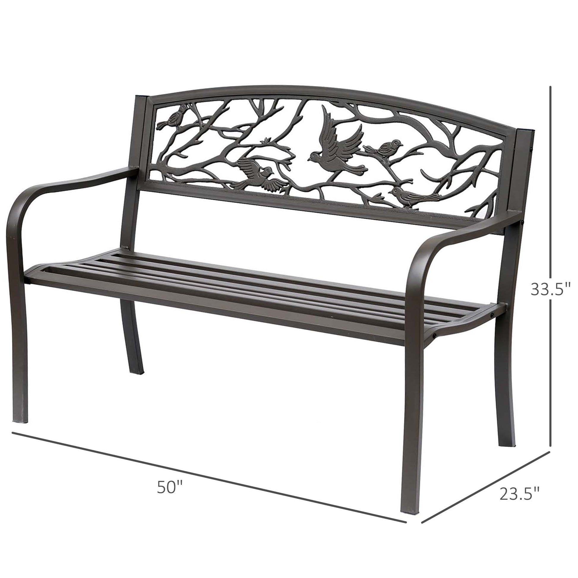 Brown metal garden bench with slatted seat and arched bird backrest panel