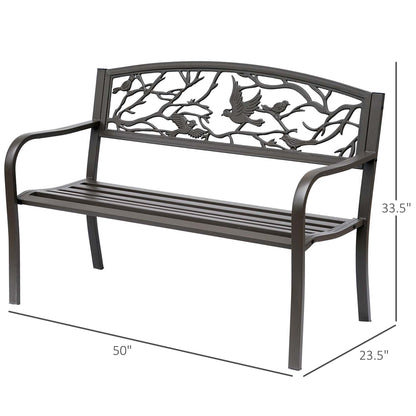 Brown metal garden bench with slatted seat and arched bird backrest panel