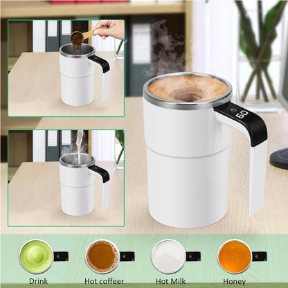 White self-stirring coffee mug with black handle, stainless rim, and hot coffee surface
