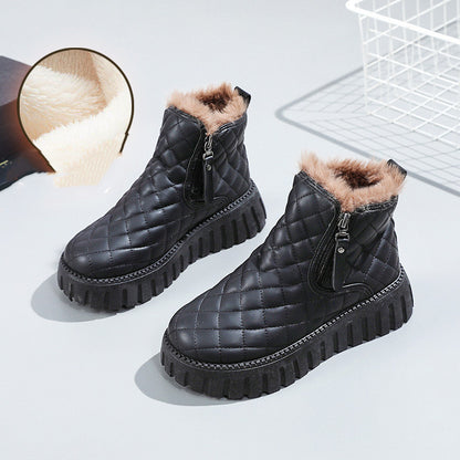 Women's Plaid Pattern Platform Ankle Boots Casual Side Zipper Plush Lined Snow Boots Winter Comfortable Short Boots