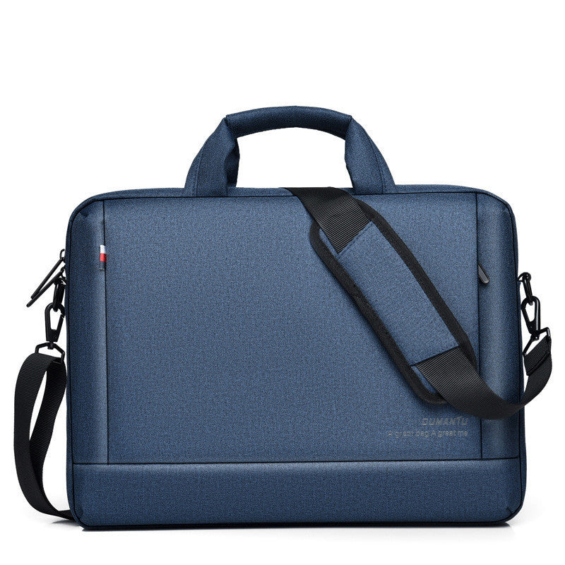 Blue laptop bag with top handle, crossbody strap, and zipper side details
