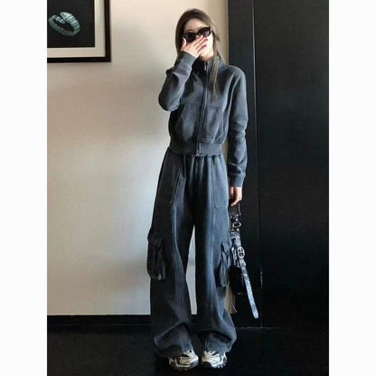 Women’s retro sports suit in dark gray: zip hoodie with drawstring waist and wide pants