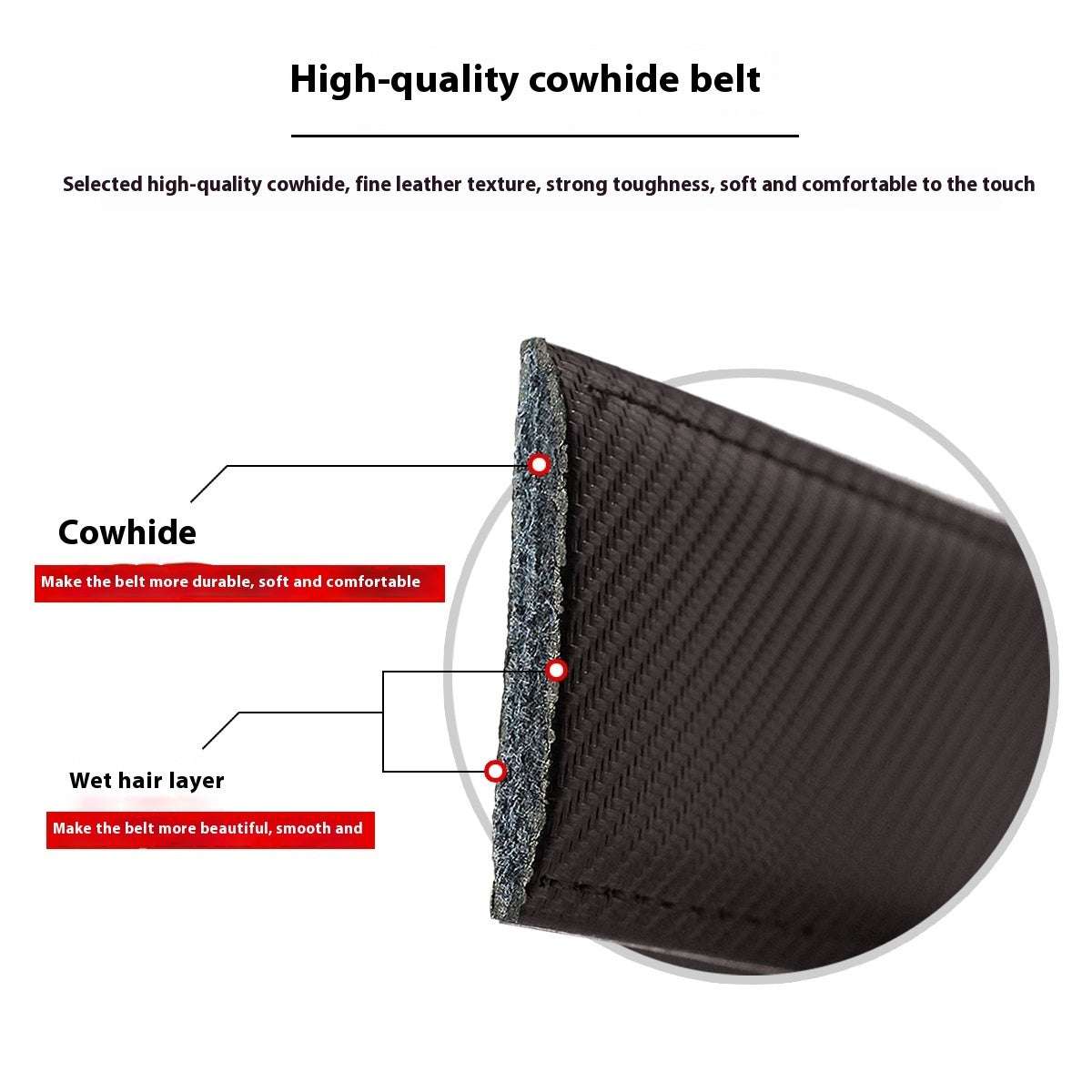 High-quality cowhide belt with detailed description on a white background