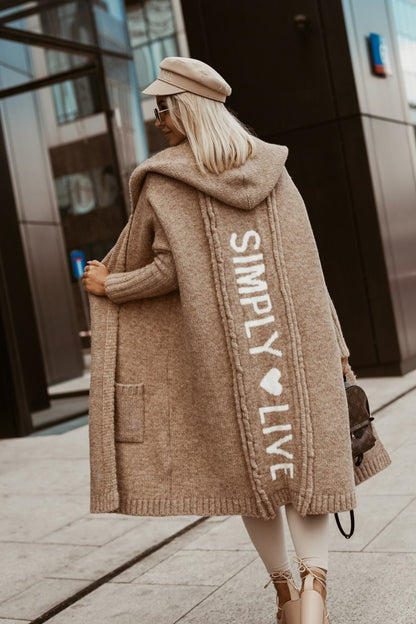 Women's Long Hooded Letter Cardigan | Trendy Graphic Knit Coat Ladies New Letter Hooded Long Cardigan | Ectron Online