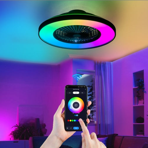 23" Smart Black Ceiling Fan - RGB LED Dimmable with Remote Control
