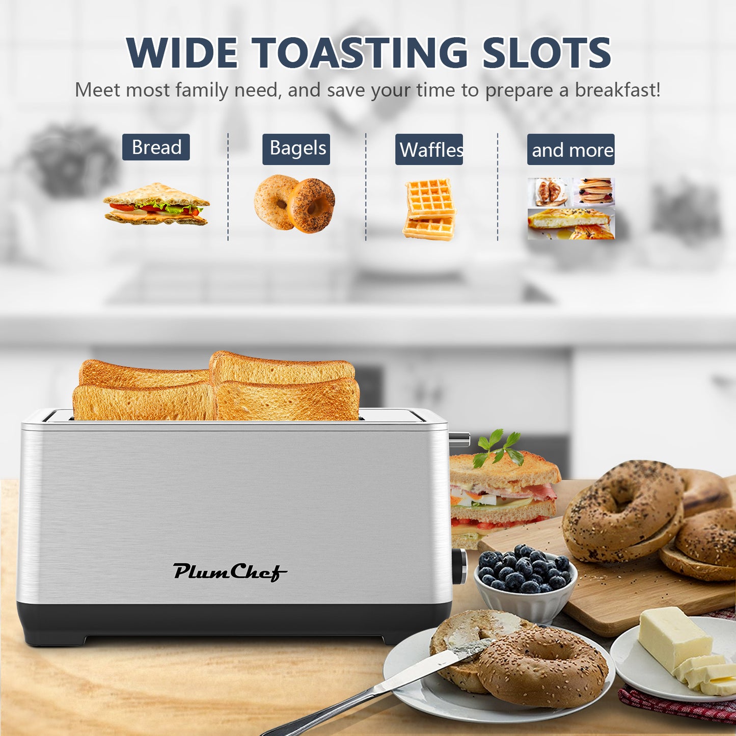 4-Slice Extra Wide Long Slot Toaster | Stainless Steel Silver Toaster