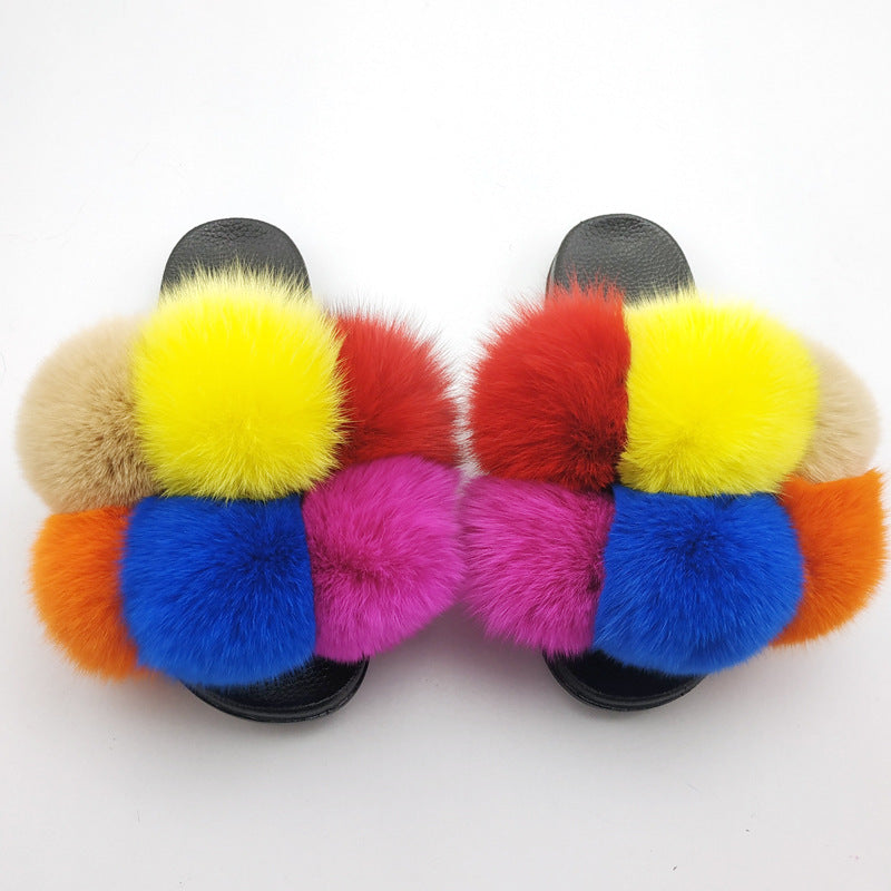 Luxury Fox Fur Slides & Fluffy Slippers Fox Fur Ball Slippers For Outer Wear | Ectron Online