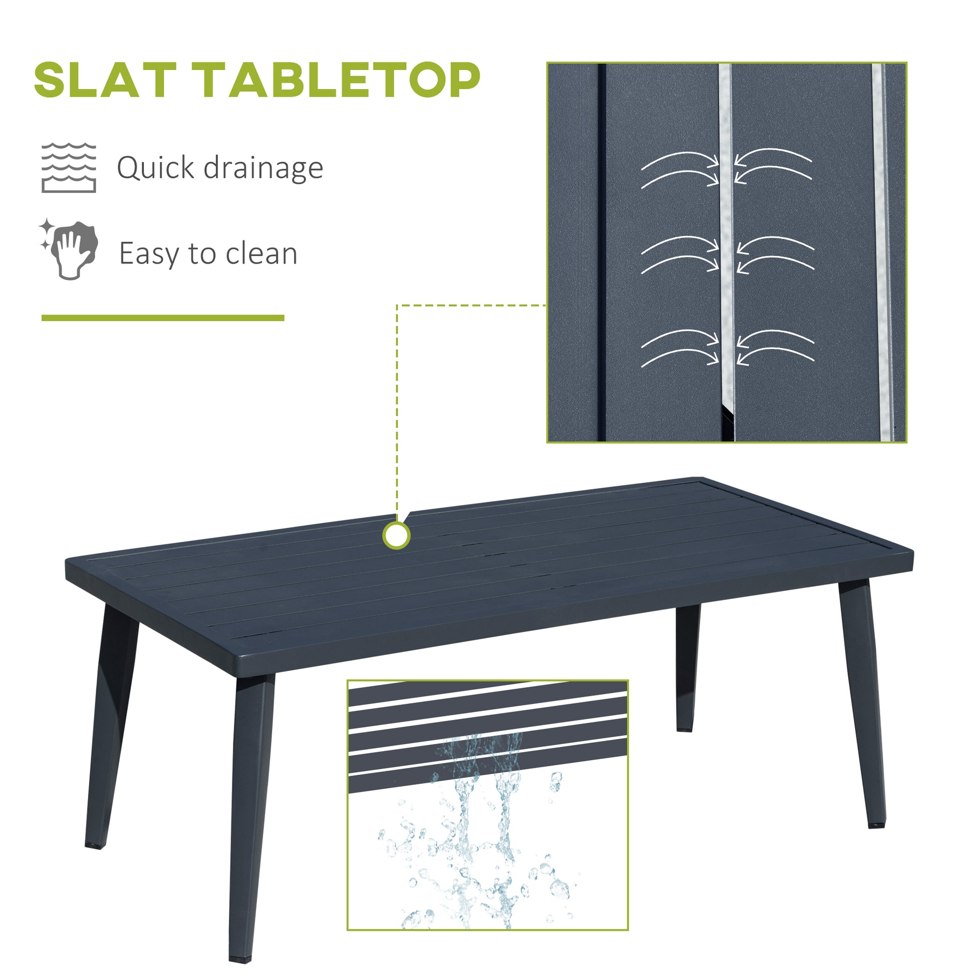 Dark grey slat-top patio coffee table with four sturdy legs