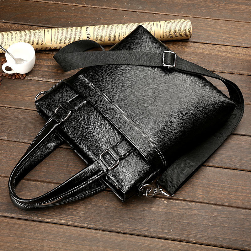 Men's leather one-shoulder computer bag with adjustable strap and front buckle flap, black.