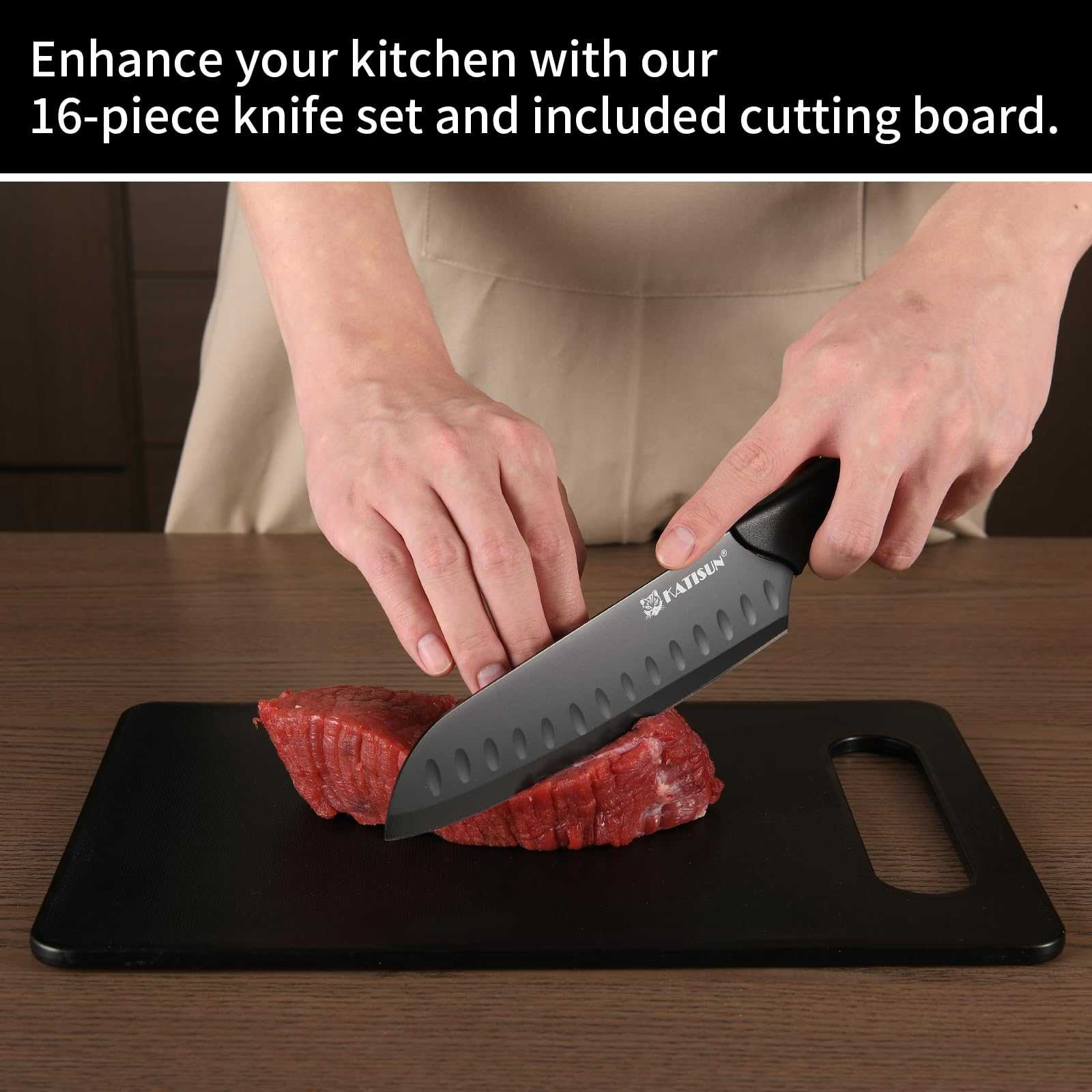 Black chef’s knife slicing on black cutting board with serrated edge