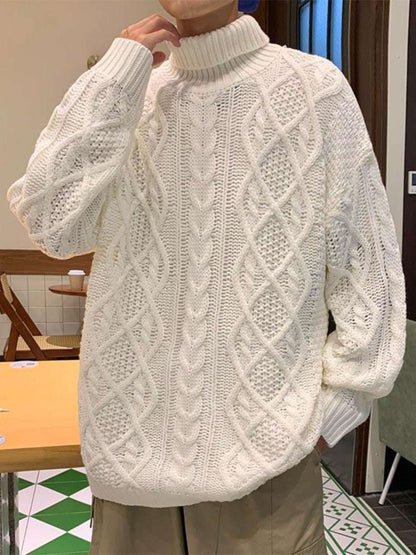 Cream knit turtleneck sweater with cable diamond pattern and long sleeves