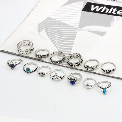 European And American Retro Water Drop Pony Hollow Jeweled Ring Suit