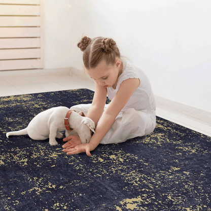 Black and gold speckled washable runner rug on floor with dog and child.