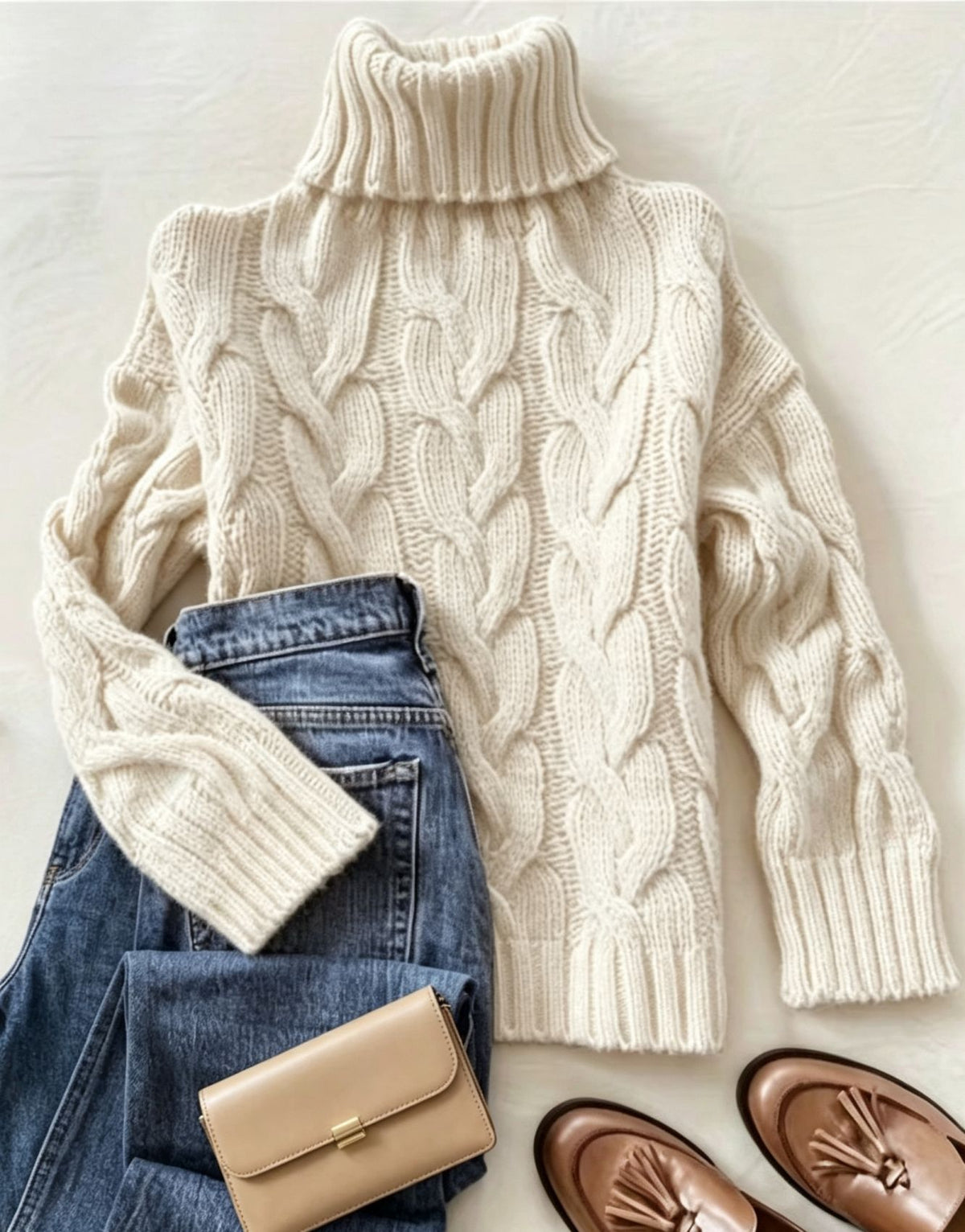 Ivory cable-knit turtleneck long-sleeve sweater with ribbed collar, cuffs, and hem.