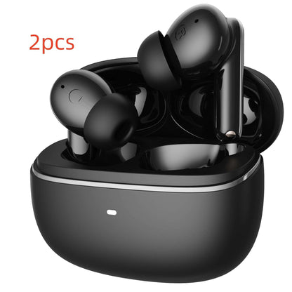 Black wireless earbuds with charging case on a white background