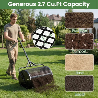 Lawn topdressing spreader with mesh roller shown in a garden yard