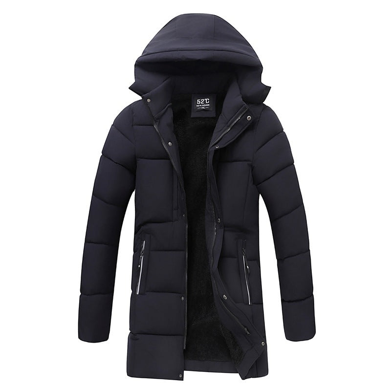 Deep navy hooded puffer jacket with zip-front and front pockets, long sleeves