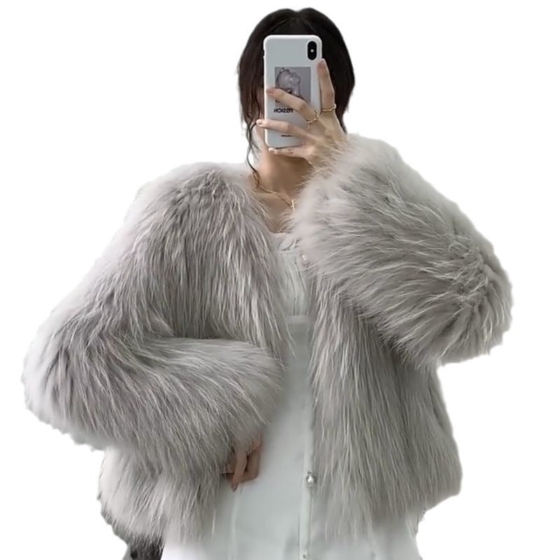 Women's Slim-Fit Fox-Like Fur Coat | Slimming Whole Leather Jacket