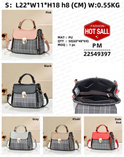 Color display of envelope shoulder tote in pink, black, gray, khaki, and red