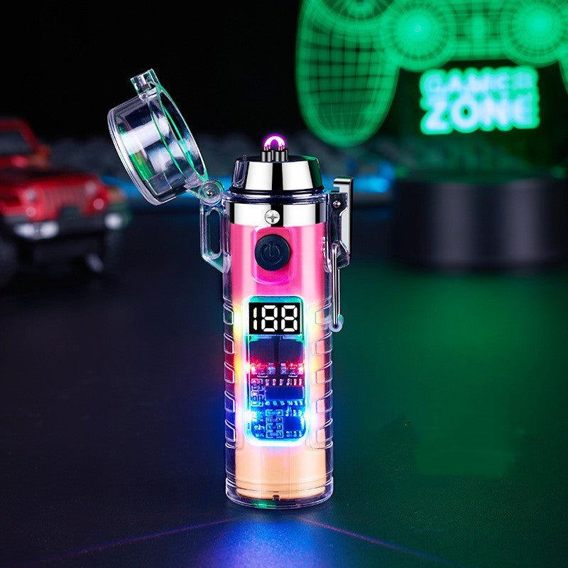 Transparent Shell Dual Arc USB Charging Lighter Outdoor Waterproof LED Colorful Light Power Display Illumination Light Gadgets