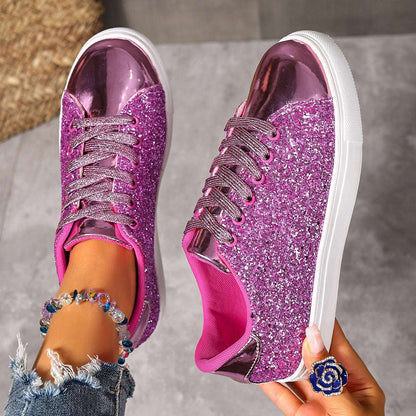 Pink purple sequin lace-up board shoes with white rubber sole, low profile.