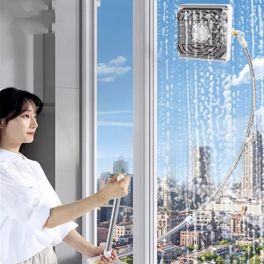Person cleaning a window with a cleaning tool, cityscape visible outside