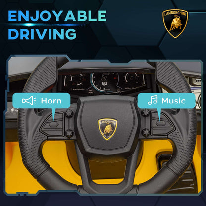 Yellow and black kids ride-on car steering wheel with dashboard and controls