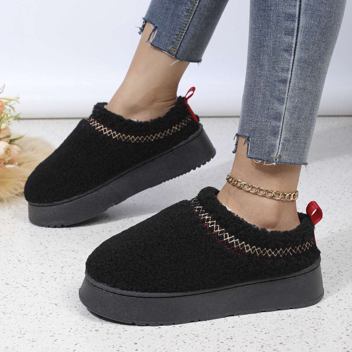 New Ethnic Plush Slippers – Thick Sole Warm Winter Shoes New Ethnic Style Sewing-edge Plush Slipp | Ectron Online