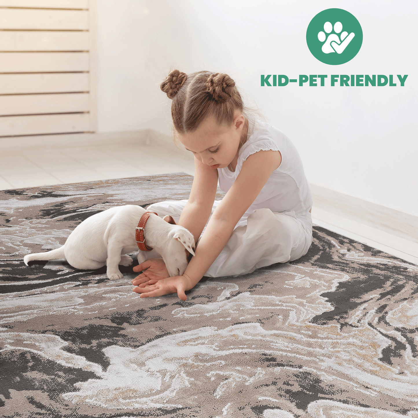 Abstract area rug with light brown, beige, and dark gray swirling pattern